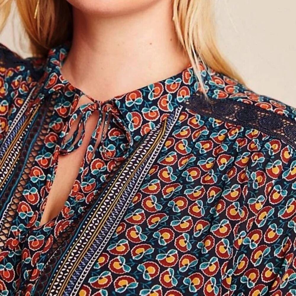 Anthro Maeve Paisley Print Lace Trim Blouse Size 8